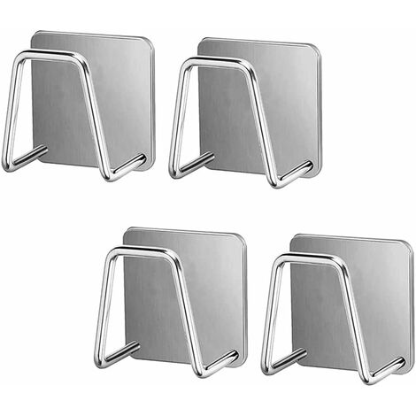 4 Pcs Adhesive Sponge Holder with Wall Hooks, Stainless Steel Waterproof Dish Sponge Holder Sink Caddy Organiser for Kitchen Sink, Dishwashing Brush, Sticky Board, Pot Lid (Silver)