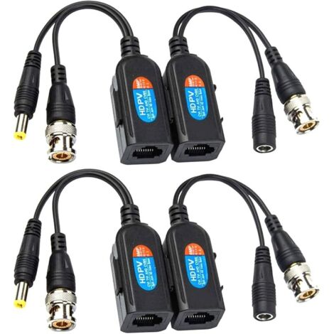 4 Pcs Balun HD Cat5 RJ45 vers BNC émetteur-récepteur Baluns Vidéo Passif avec Connecteur d'alimentation pour Caméra 1080P 3MP 4MP 5MP 8MP HD-CVI/TVI/AHD/CVBS / 960H