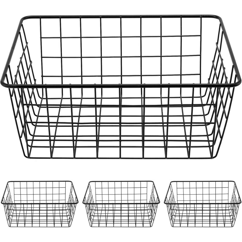 Lot de 4 paniers de rangement en fil métallique noir avec poignées, idéaux pour la cuisine, le garde-manger, le dressing ou la chambre.
