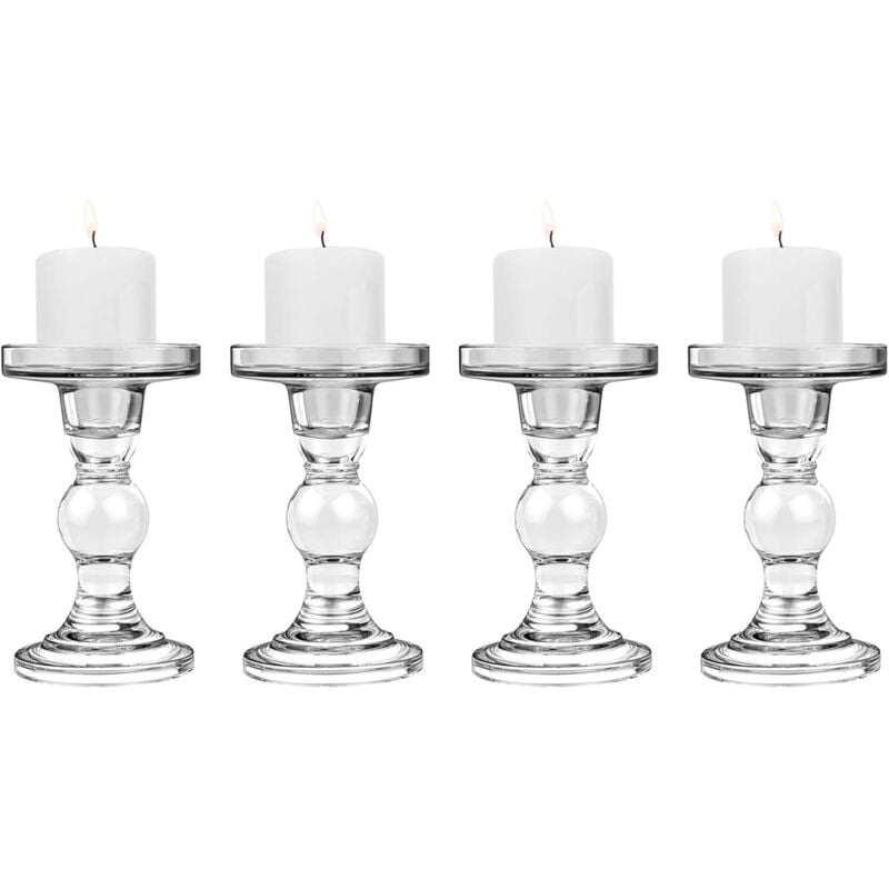 Memkey - 4 pcs Bougeoirs en Verre, (8 8.5 14 cm) Chandelier avec Base Ronde, Support Stable pour Bougie Conique, Décoration Table Style Moderne pour