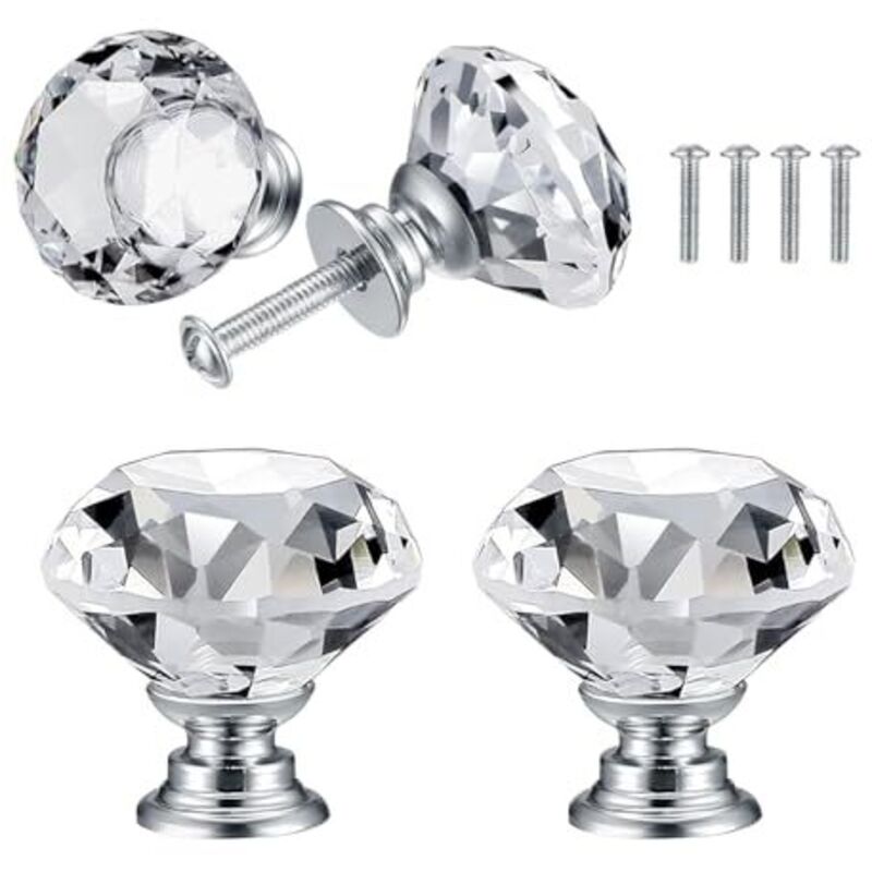 4 Pcs Bouton de Porte de Cristal, Poignées de Diamant, Poignee de Meuble Diamant, Poignée Boutons Décoration de Armoire, Tiroir, Cuisine Bouton