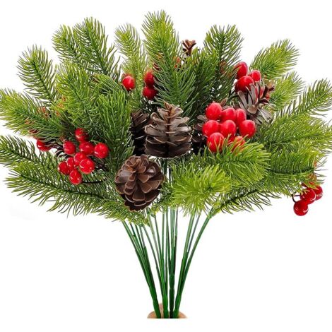 4 Pcs Branches de Sapin Artificielles avec Baies et Pommes de Pin, Noël Branches de Baies Artificiel Aiguilles de Pin, pour Décoration Noël Fête d'hiver Couronne