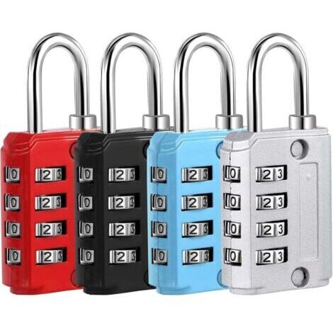4 Pcs Cadenas Code 4 Chiffres, Petit Cadenas Casier Cadenas Valise a Code en Alliage de Zinc(Argent Noir Bleu Rouge)