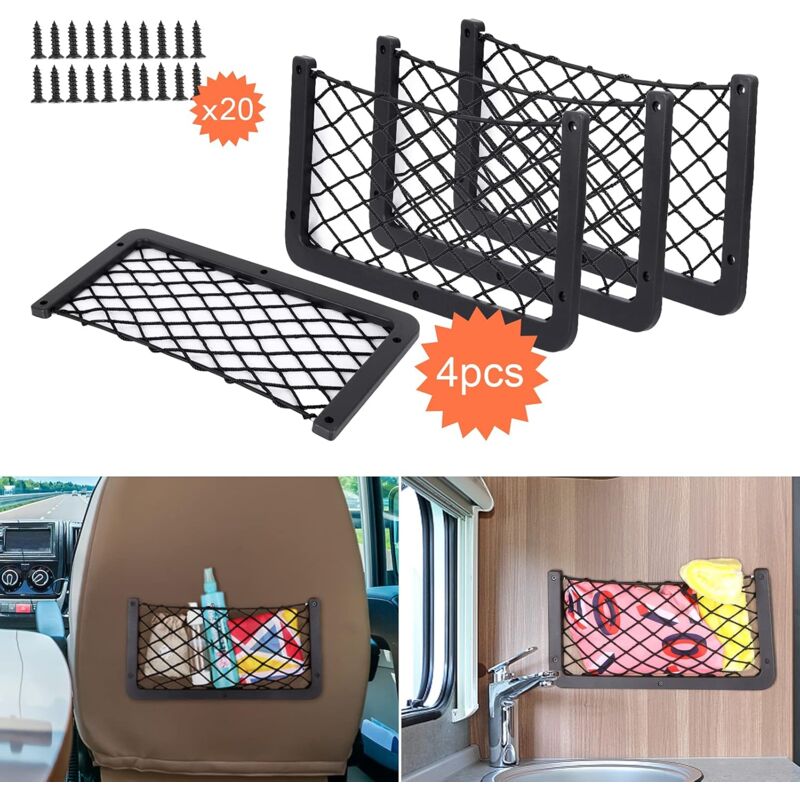 4 pcs Car Storage Net, 36 x 18 cm Trunk Storage Organizers, Multifunctional Car Pocket Organizer Bag for Utensils, RVs, Boats, Home (with Screws)