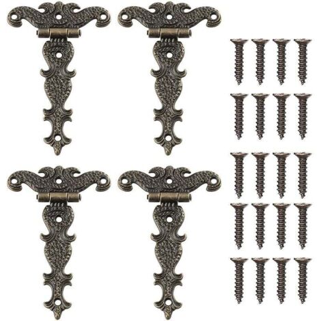 4 Pcs Charnières Vintage Décoratives Sculptées en Bronze Charnière Meubles en Forme de T pour Porte de Placard Boîte à Outils avec Vis
