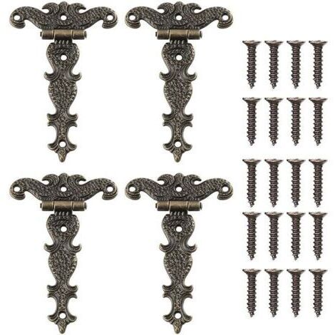 4 Pcs Charnières Vintage Décoratives Sculptées en Bronze Charnière Meubles en Forme de T pour Porte de Placard Boîte à Outils avec Vis
