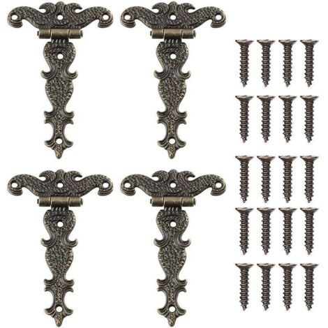 4 Pcs Charnières Vintage Décoratives Sculptées en Bronze Charnière Meubles en Forme de T pour Porte de Placard Boîte à Outils avec Vis