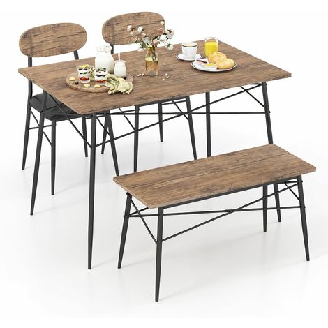 4 Pcs Dining Table Set Rectangular Kitchen Table w/ Bench & 2 Upholstered Chairs