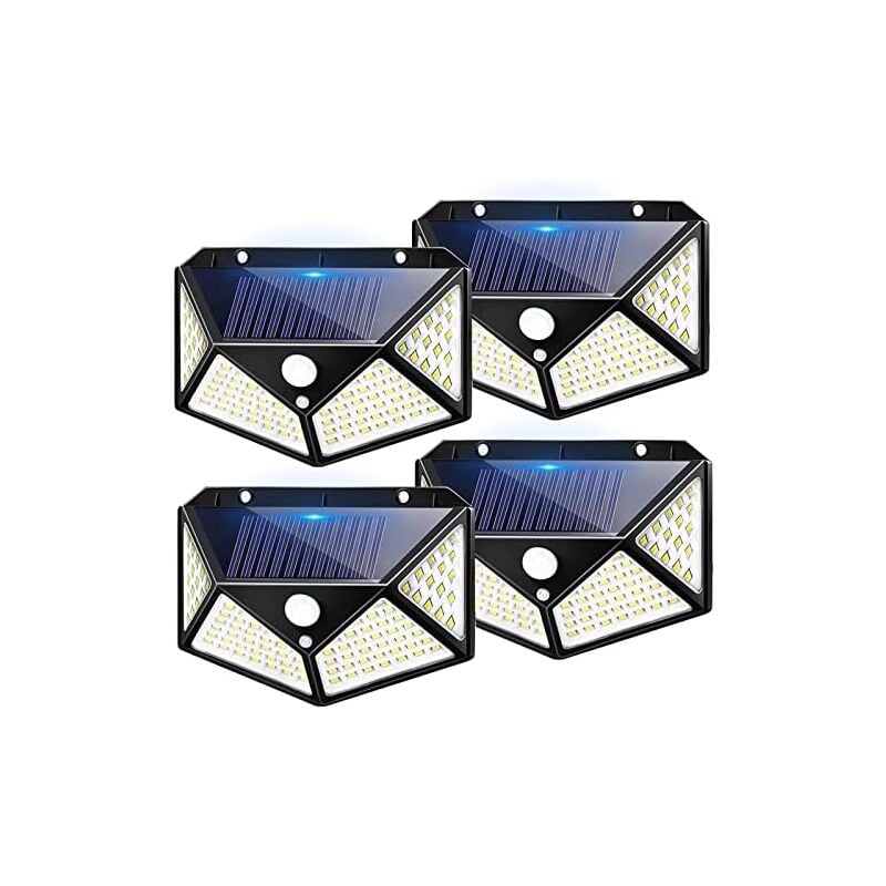 4 pcs Ensemble de lampes solaires extérieures 100 led avec détecteur de mouvement, angle d'clairage 270, étanchéité IP65, luminaires muraux pour