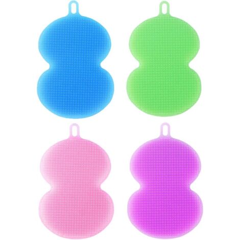 4 PCS éponge Silicone, Laveur de Vaisselle qualité alimentaire, Nettoyer éponge Cuisine Antibactérien Multicolore, Multipurpose Le Mildiou Gratuit Vaisselle Plat Brosse(Bleu, vert, violet, rose),