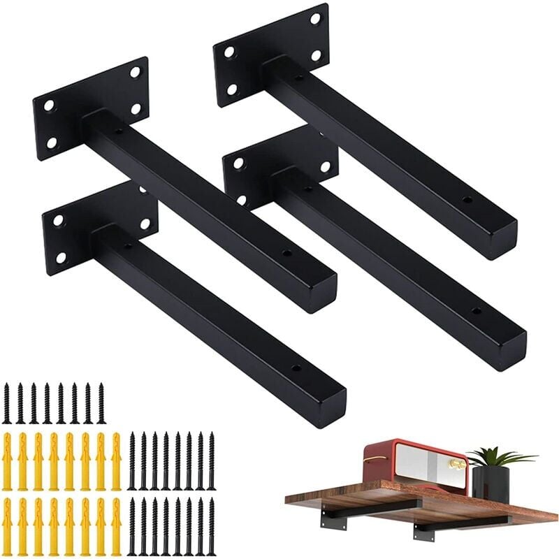 Linghhang - 4 Pcs Equerre Noir - 15cm Etagere Murale Étagère Fixation Invisible pour Chambre Cuisine Atelier avec Vis