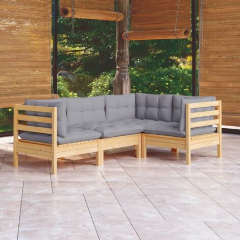 4 PCS Garden Lounge Set con cojines de pino gris - 299021