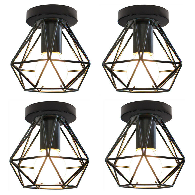 

4 pcs lámpara techo retro industrial hierro forjado diamantes jaula dormitorio sala de estar bar luz de techo - Negro