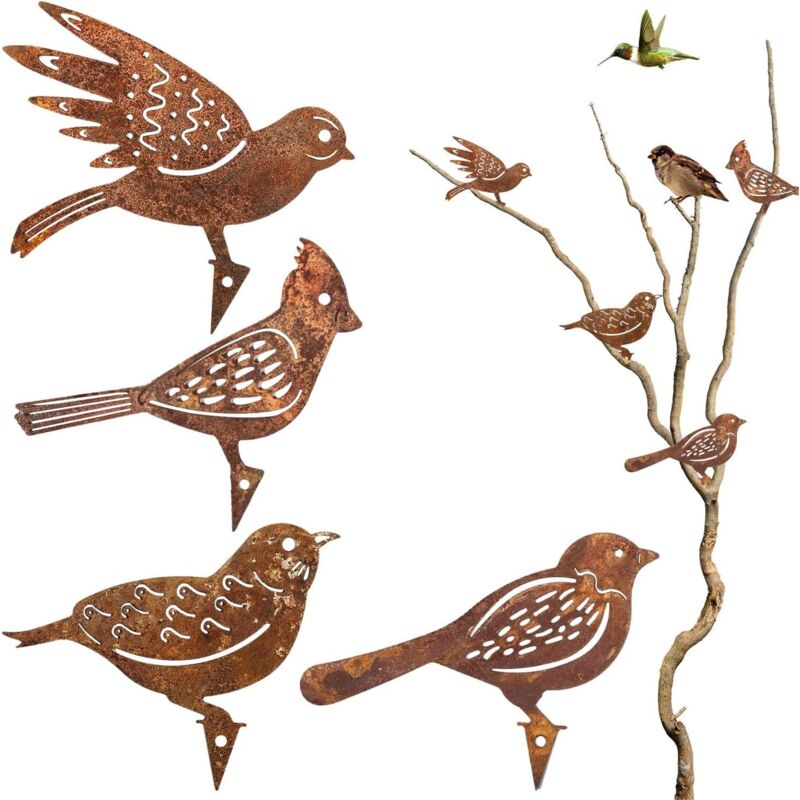 4 PCS Oiseaux Decoratifs rouillé Oiseau Decoration Deco Jardin Exterieur rouillée métal rouillé Metal Bird pour Décoration de Tronc de Branche
