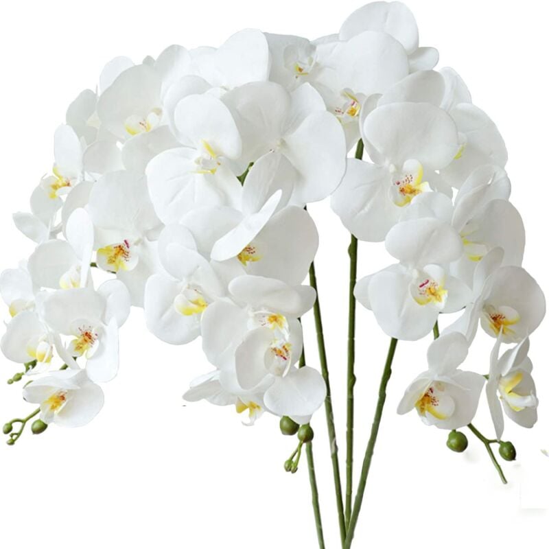Serbia - 4 pcs Orchidée Phalaenopsis Artifici Fleurs Blanches 70cm avec Feuilles d'Orchidée Artificis