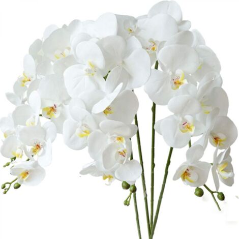 4 pcs Orchidée Phalaenopsis Artifici Fleurs Blanches 70cm avec Feuilles d'Orchidée Artificis
