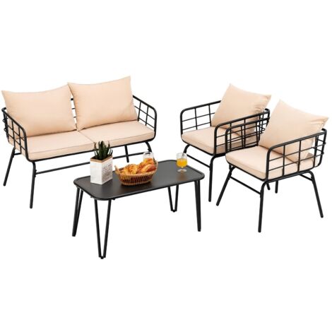 4 PCS Patio Conversation Set Outdoor Furniture Loveseat Coffee Table 2 Chairs