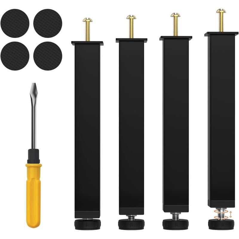 4 Pcs Pied de Lit 25 cm à Visser, Pieds Sommier à Lattes Metallique, Hauteur Réglable 25 à 27 cm, Pieds de Lit pour Sommier à Lattes avec 4 Patin