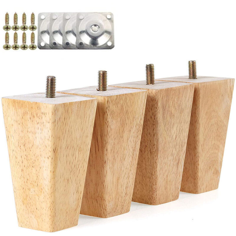 4 Pcs Pieds de Meuble en Bois 10cm Pieds de Armoire Lit avec Plaques de Montage et Vis - Ccykxa