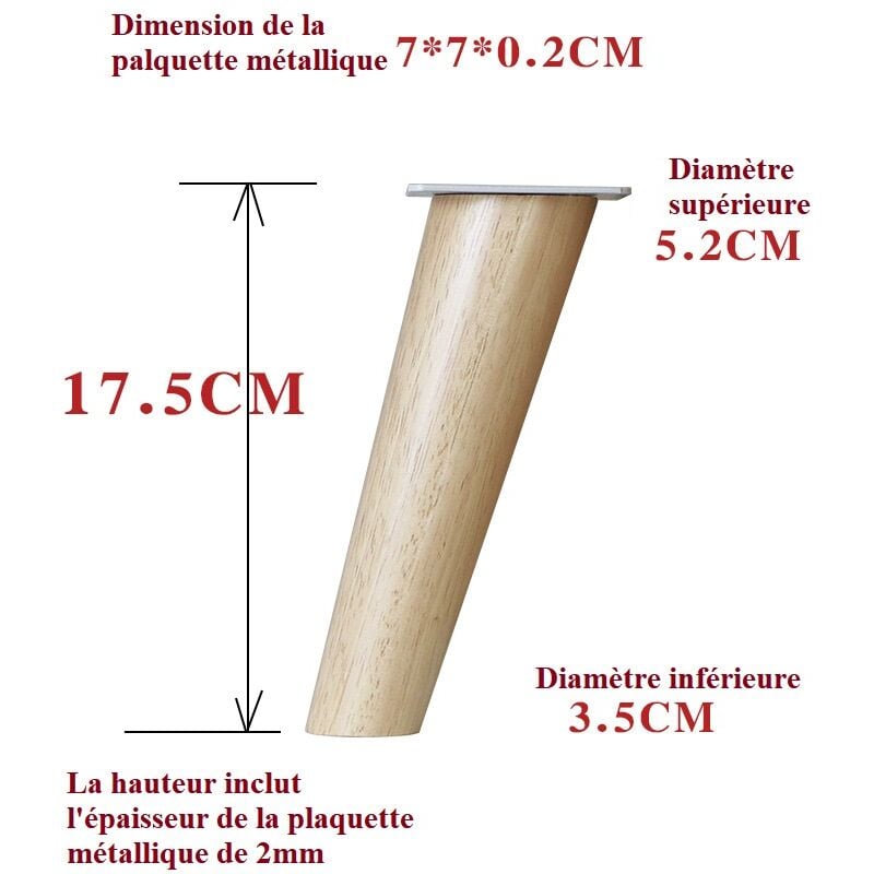 4 Pcs Pieds De Meuble En Bois Hauteur: 17.5 Cm Rond, Conique (Conception Inclinée) Matériau: Bois Massif Pour Chaises, Tables, Placards, Etc.