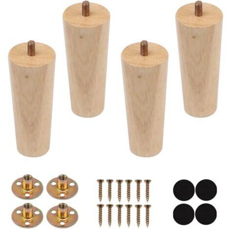 4 PCS Pieds de Meuble en Bois Massif,12 cm Pieds en Bois pour Canapé,Pieds Meubles Bois Rechange,Pieds Meubles Coniques avec Plaque de Montage Vis M8,Patins Antidérapants pourTable à Manger,Armoireden