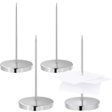 4 pcs Pique-Note en Métal, Facture Aiguille avec Rond Support Base, Porte-Mémo Pique-Fiches Porte Mémo Pour Factures Porte-Tickets de Restaurant Cuisine Réception Hôtel Accessoires (Argent)