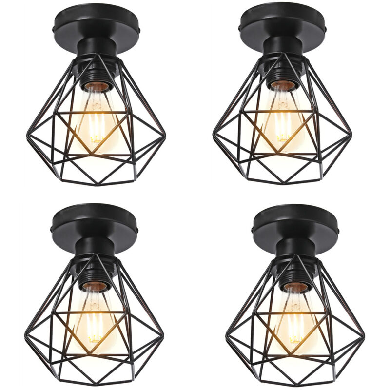 Plafonnier Industriel E27 Vintage Luminaire Suspension de Plafond Abat-jour Diamant Ø16CM pour Chambre Couloir Noir - 4Pcs