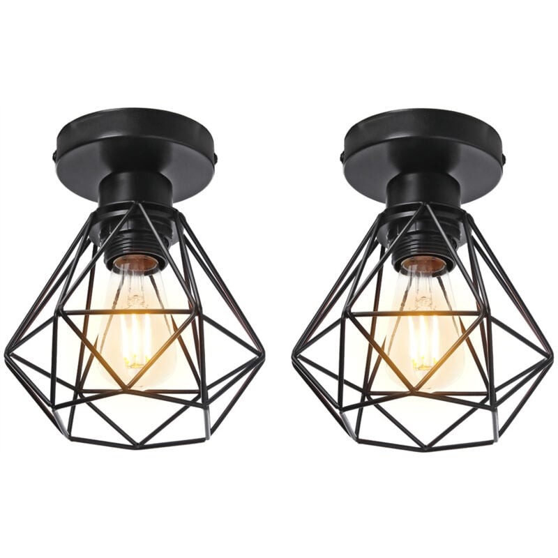Plafonnier Industriel E27 Vintage Luminaire Suspension de Plafond Abat-jour Diamant Ø16CM pour Chambre Couloir Noir - 2Pcs