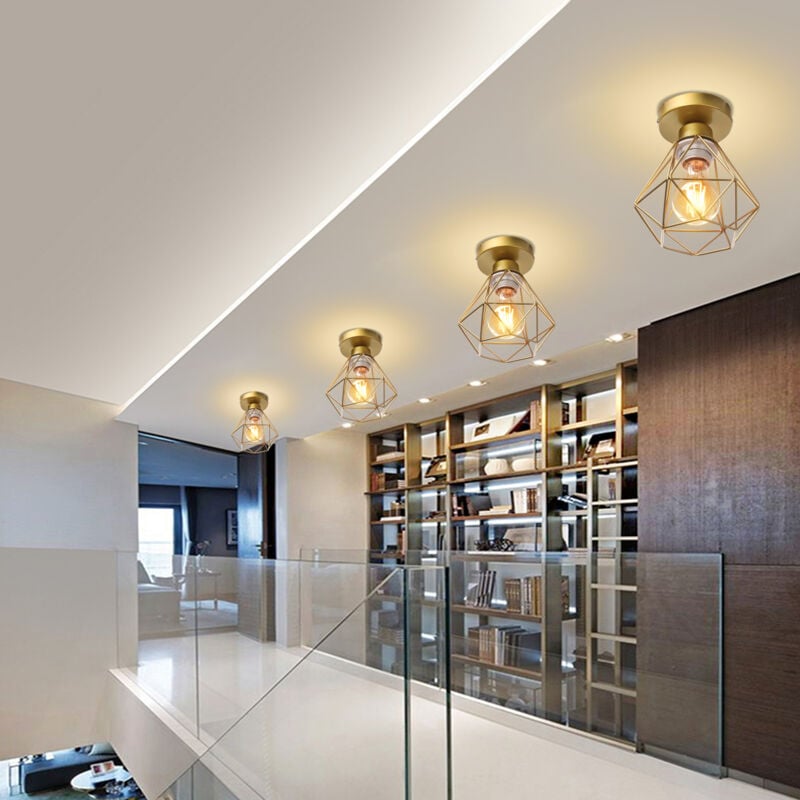 4 Pcs Plafonnier Rétro Industriel Lampe de Plafond en Cage Diamant E27 Luminaire en Métal pour Couloir Escalier Chambre Salon Doré