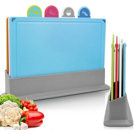 4 PCS Planche à Découper, Set Planche a Decouper Plastique Professionnelle sans BPA, Planches à Découper de Cuisine Antidérapante avec Support, Planche a Découper pour Viande Légumes Fruits