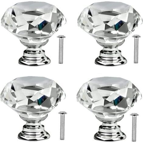 4 Pcs Poignée Bouton de Porte Placard Meuble Tiroir Diamant de Verre Cristal Boutons de tiroir en cristal avec vis pour commode de cuisinepoignées de porte en verre de cuisine 30mm