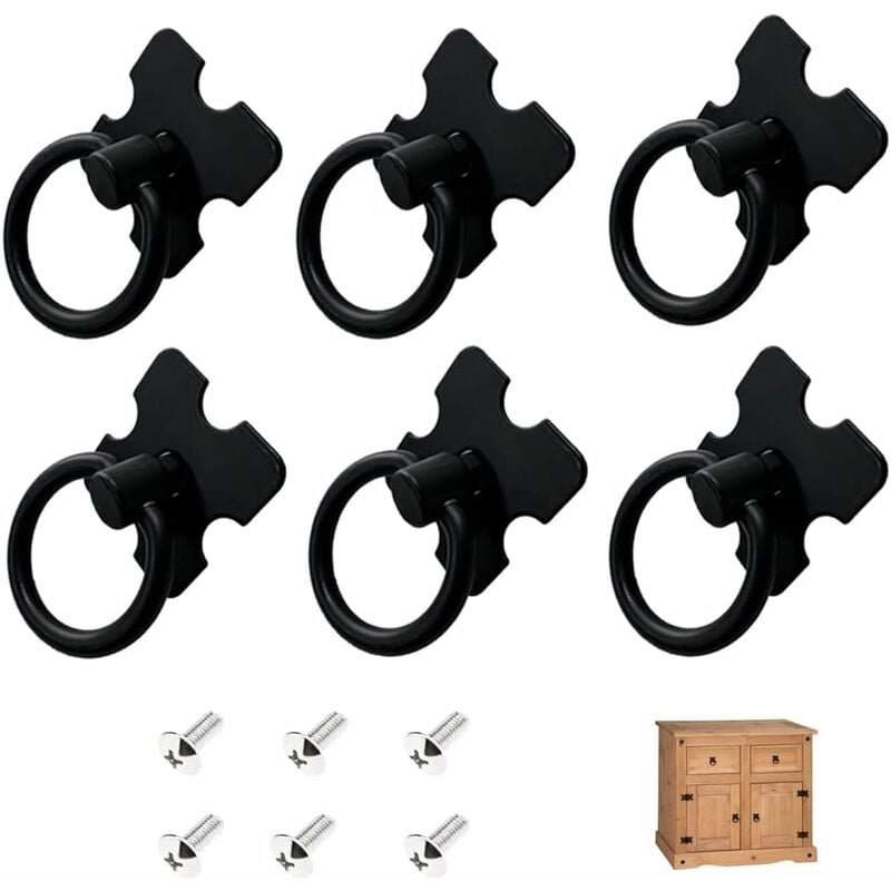 6 Pcs Noir Poignee de Meuble Vintage, Tiroir Bague Poignée de Traction, Poignées de Tirage Antique, Bouton de Meuble pour Cuisine Armoire Placard