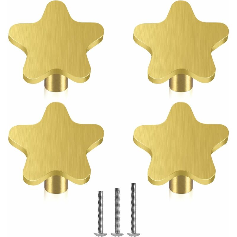 Image of 4 pcs Pomelli per Mobili in Ottone Spazzolato Manopole per Cassetti in Oro Maniglie a Forma di Stella per Guardaroba Armadio con Viti
