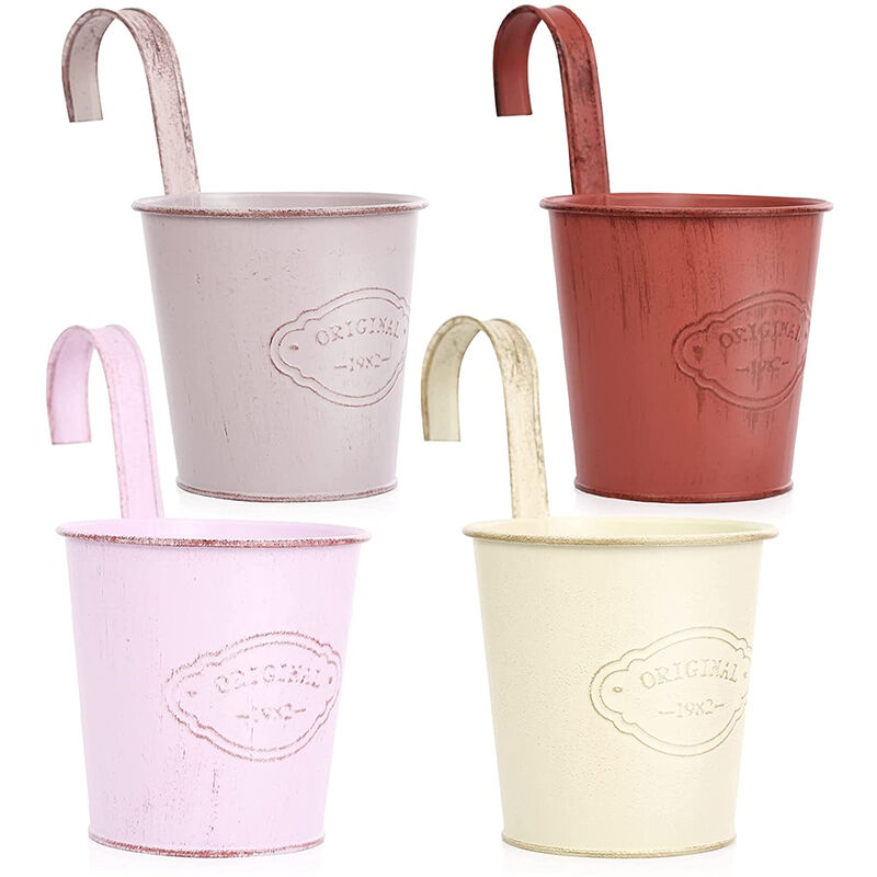 Petites Ecrevisses - 4 Pcs Pot de Fleur Suspendu en Fer Coloré Style Vintage Pots de Plantes pour Balcon Jardin Clôture Rose+Rouge+Violet+Beige