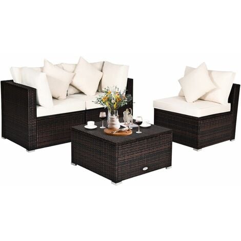 4 PCS Rattan Patio Conversation Set Outdoor Furniture Sofa Set w/ Coffee Table