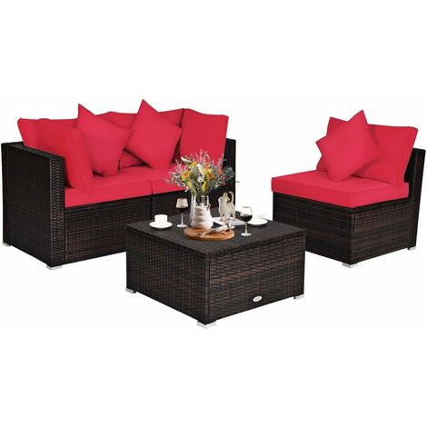 4 PCS Rattan Patio Conversation Set Outdoor Furniture Sofa Set w/ Coffee Table