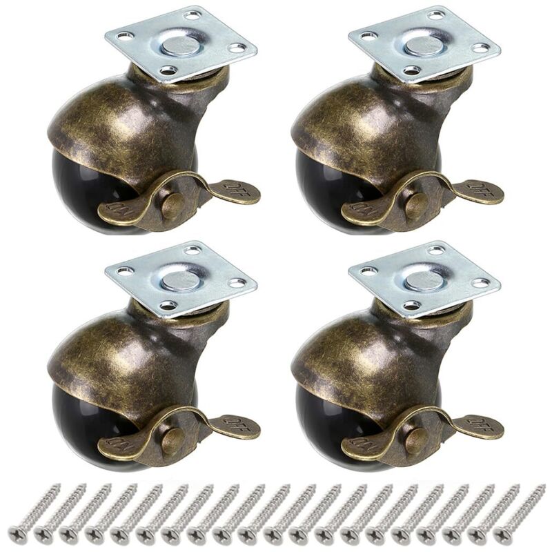 4 Pcs Roulettes pivotantes à plaques, 40 mm roulettes pour meubles avec freins, roulettes à billes antiques, remplacement pour meubles, commodes,