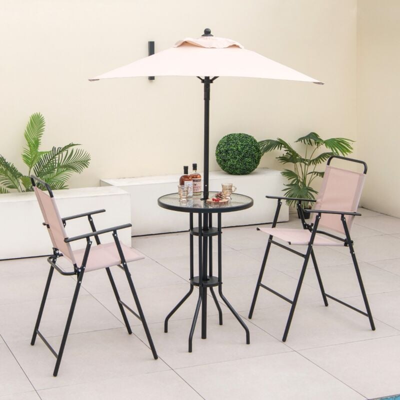 Maisonchic - 4 pcs Salon de Jardin Parasol 2 Chaises de Jardin Pliantes Table Basse en Verre Trempé Bistro Terrasse Piscine Beige design in