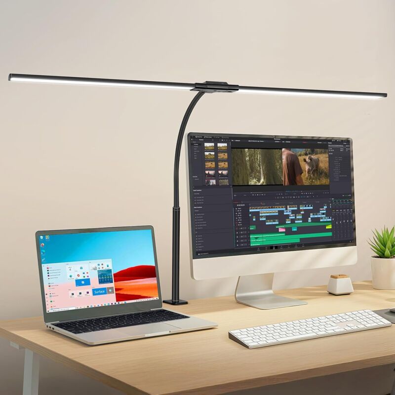 Lampe de Bureau LED 61 cm Double Tête – 24W Puissante, Commande Tactile, Intensité Variable, 3 Températures Couleur, Lumière Jour Anti-Fatigue pour