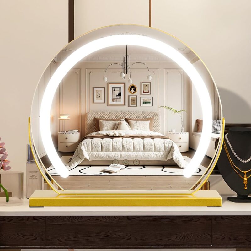 Miroir de maquillage LED - 40 cm - Rotation 360° - Luminosité réglable - Éclairage doré