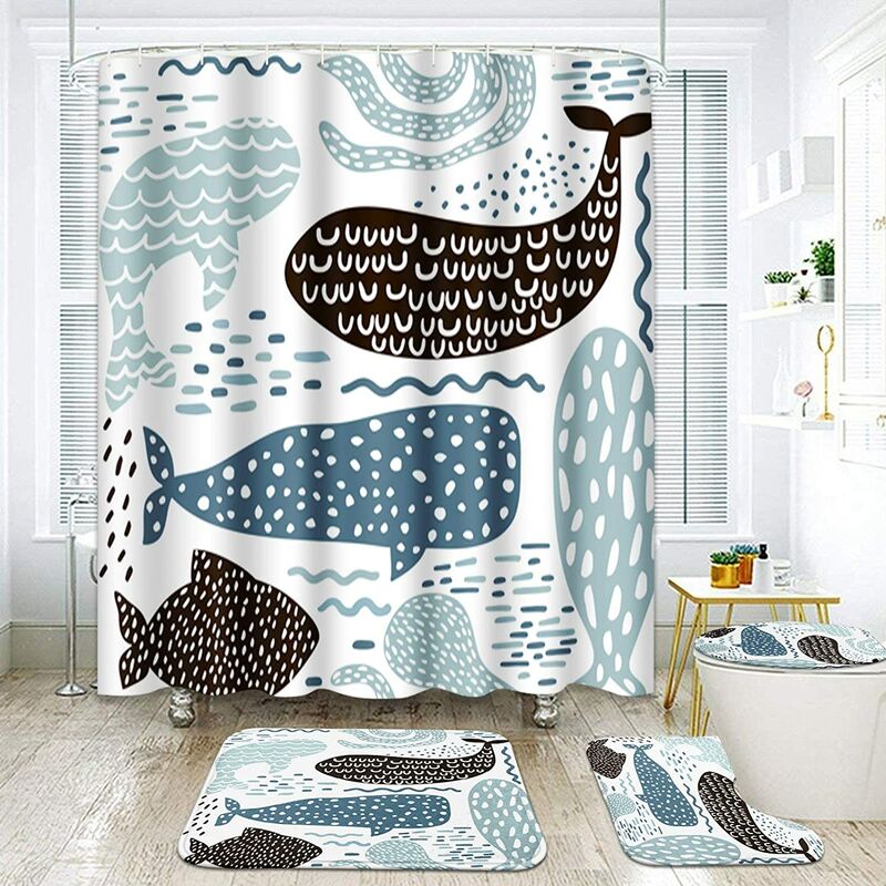 4 Pcs Shower Curtain Set Seal Whale Octopus Fish Blue sea Animal Ocean with Non-Slip Rugs Toilet Lid Cover and Bath Mat Bathroom Decor Set 72' x 72'