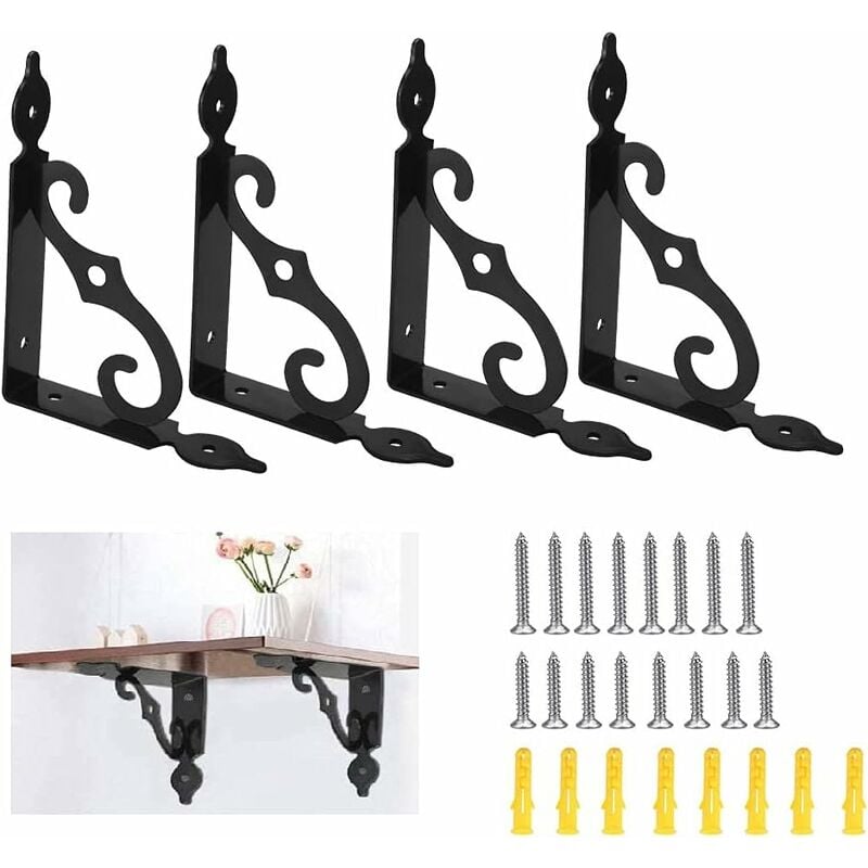 4 pcs Supports d'Étagère Triangulaires Équerre de Fixation pour Étagère Noir Équerre pour Étagere Murale en Fer Supports Équerre d'Etagère Robustes