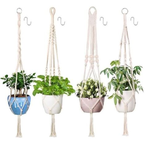 4 PCS Suspension Corde Plante Macramé, Corde de Coton Pot Suspendu Plante Porte Décoration du Jardin avec 4 Crochets Suspendus,105