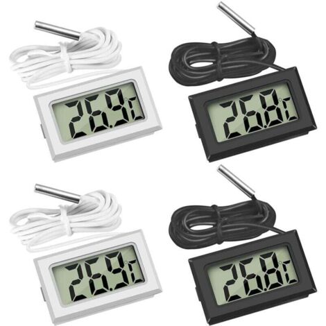 4 Pcs Thermomètre Réfrigérateur ,Thermomètre LCD Numérique avec Sonde Étanche pour Réfrigérateur Congélateur Aquarium (Lot de 2 Noir et 2 Blanc)