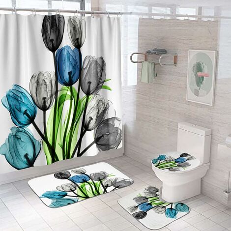  4 Pcs Bathroom Shower Curtain Set with Rugs Blue Tulip