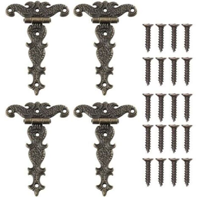 4 Pcs Vintage Decorative Bronze Carved Hinges T-shaped Furniture Hinge for Cabinet Door Toolbox with Screws