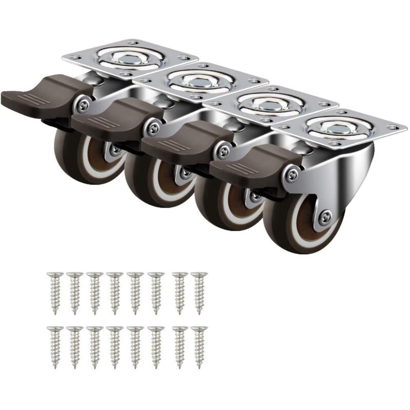 4 Petites Roulettes Pivotantes 32mm/1.25" Roulettes pour Meubles Avec Frein Plaques 50KG Roues Caoutchouc Chariot etabli Meubles Industrielles
