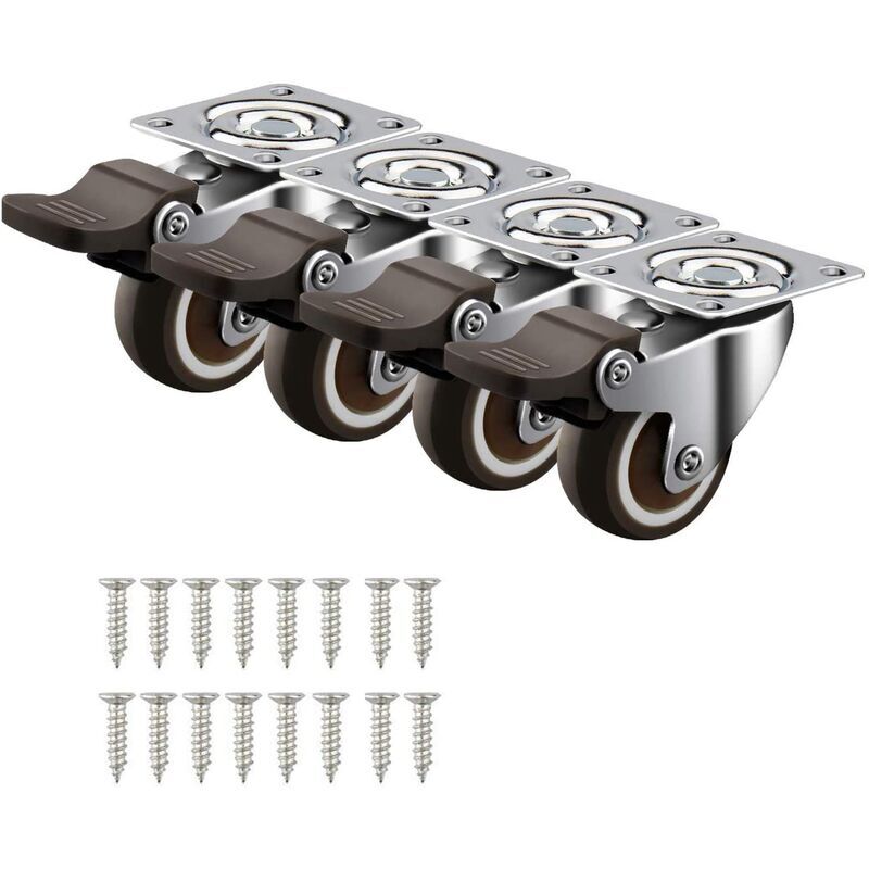 4 Petites Roulettes Pivotantes 32mm/1.25 Roulettes pour Meubles Avec Frein Plaques 50KG Roues Caoutchouc Chariot etabli Meubles Industrielles