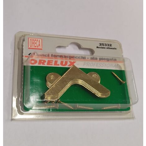 4 PEZZI - GANCI FERMASPECCHI AD ANGOLO CON ALA PIEGATA - PER SPECCHI DA 4MM - IN ACCIAIO OTTONATO - CON CHIODI