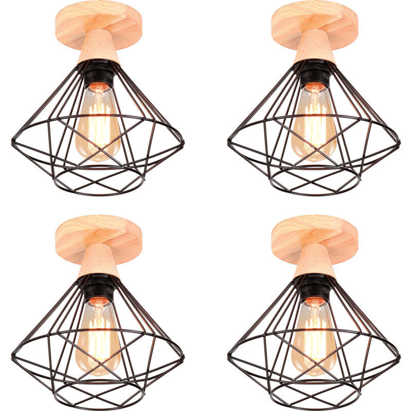 Image of Axhup - 4 Pezzi Lampada da Soffitto Industriale in Metallo e Legno Design Retrò Lampada Forma di Diamante per Scale, Corridoio, Ingresso Nero